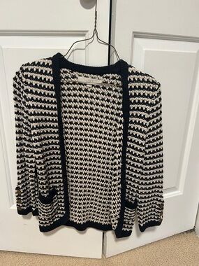 LOFT Black & Cream Striped Open-Front Knit Cardigan